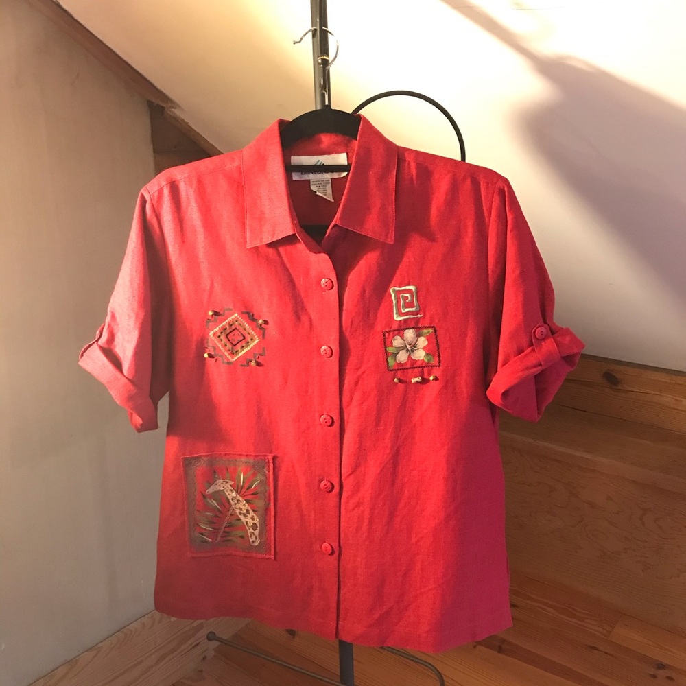 Erin London Red Silk Shirt Sleeve Button Down Top, EUC, S/M
